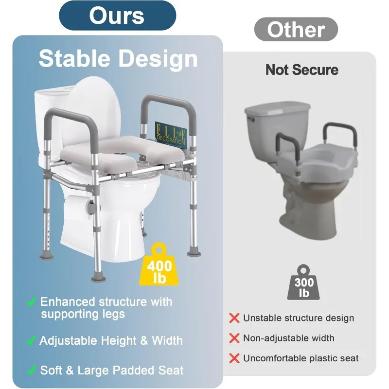 Elevadores de asiento de inodoro para personas mayores, asiento de inodoro elevado de 400 LBS con altura y ancho ajustables, inodoro para discapacitados confiable FSA HSA