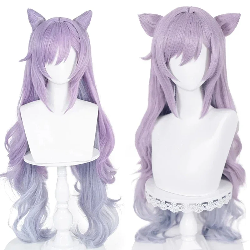 Genshin تأثير Keqing شعر مستعار تأثيري الأرجواني طويل مجعد ذيل حصان مع آذان مقاومة للحرارة الشعر النساء هالوين Ke تشينغ الباروكات C MN8