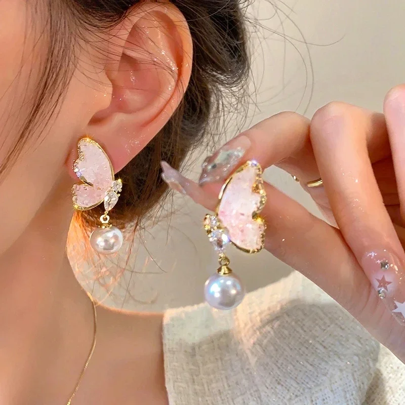 2024 New Pearl Pendant Blue Crystal Zircon Butterfly Stud Earrings for Women Fashion Trend Personality Sweet Girls Jewelry Gift
