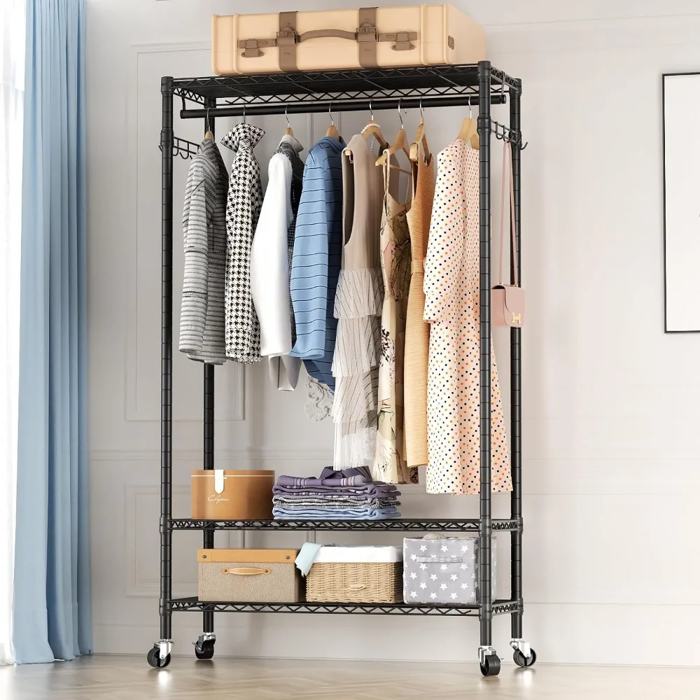 

Heavy Duty Clothes Rack Rolling Garment Rack,3 Tier Adjustable Wire Shelving Clothing Racks for Hanging