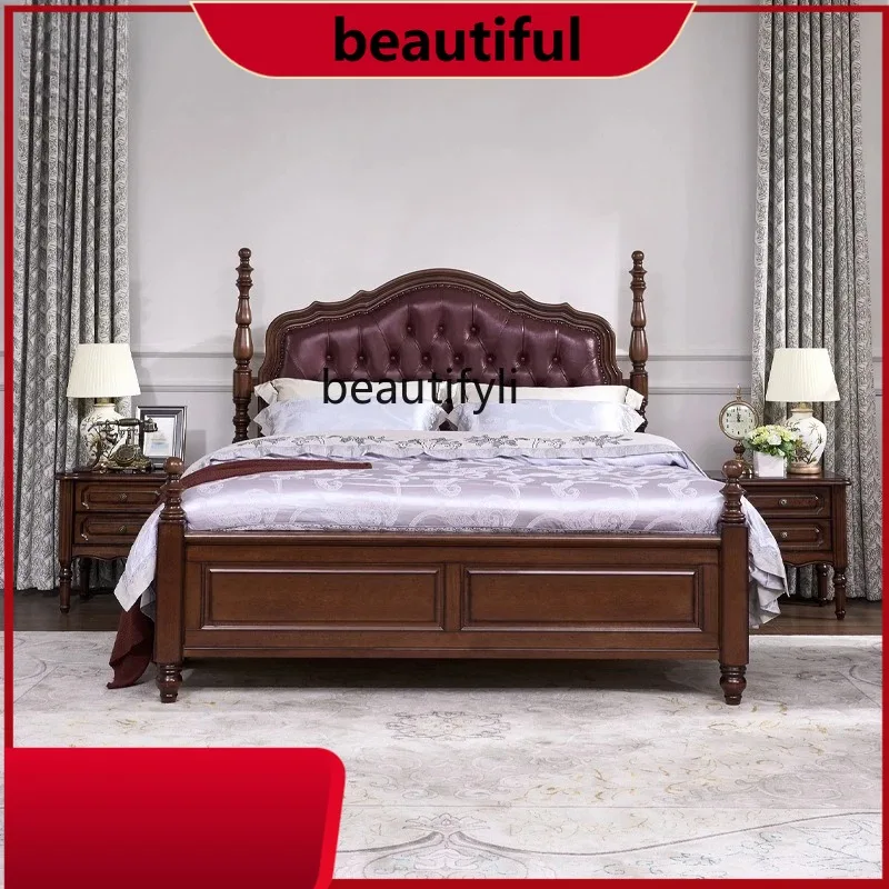 Mahogany American solid wood bed double  master bedroom queen bed retro soft bag bed H