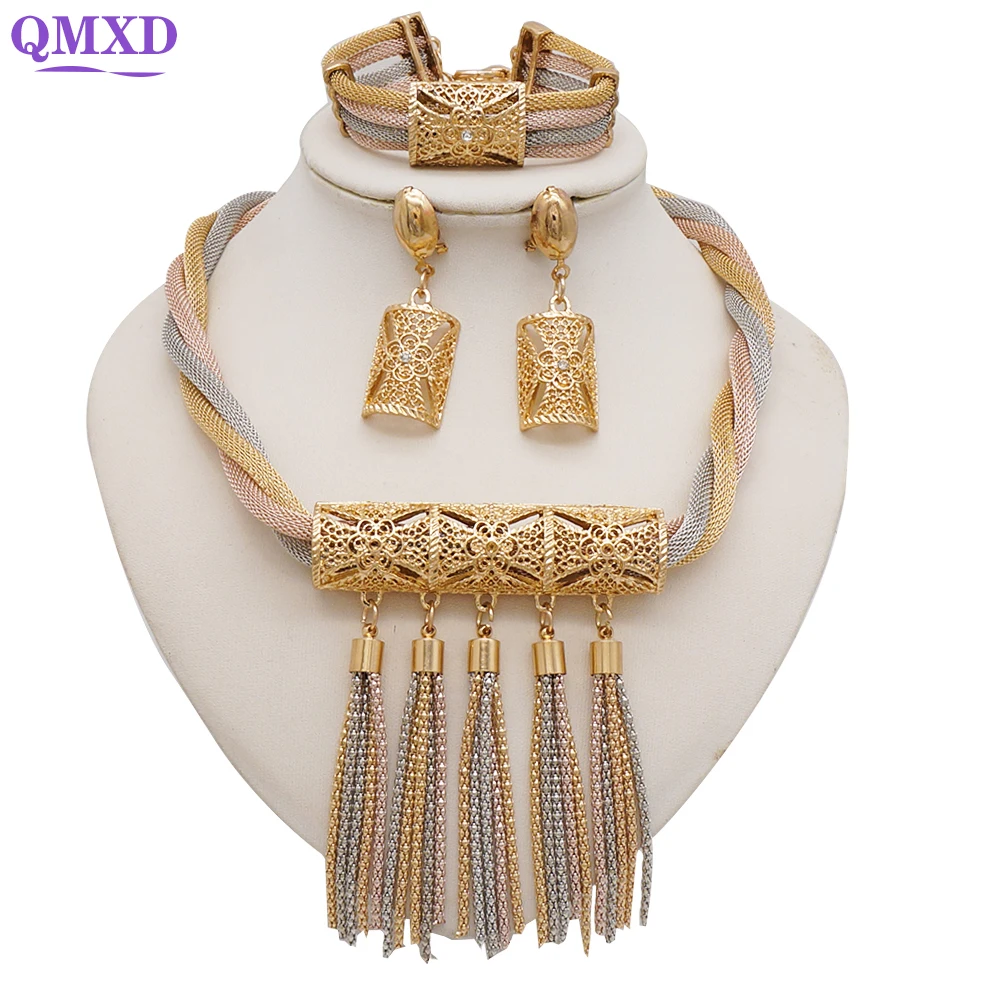 Nigerian Wedding Jewelry Set Colorful Tassel Jewellery Sets For Women Dubai African Chokers Necklace Earrings Rings Sets