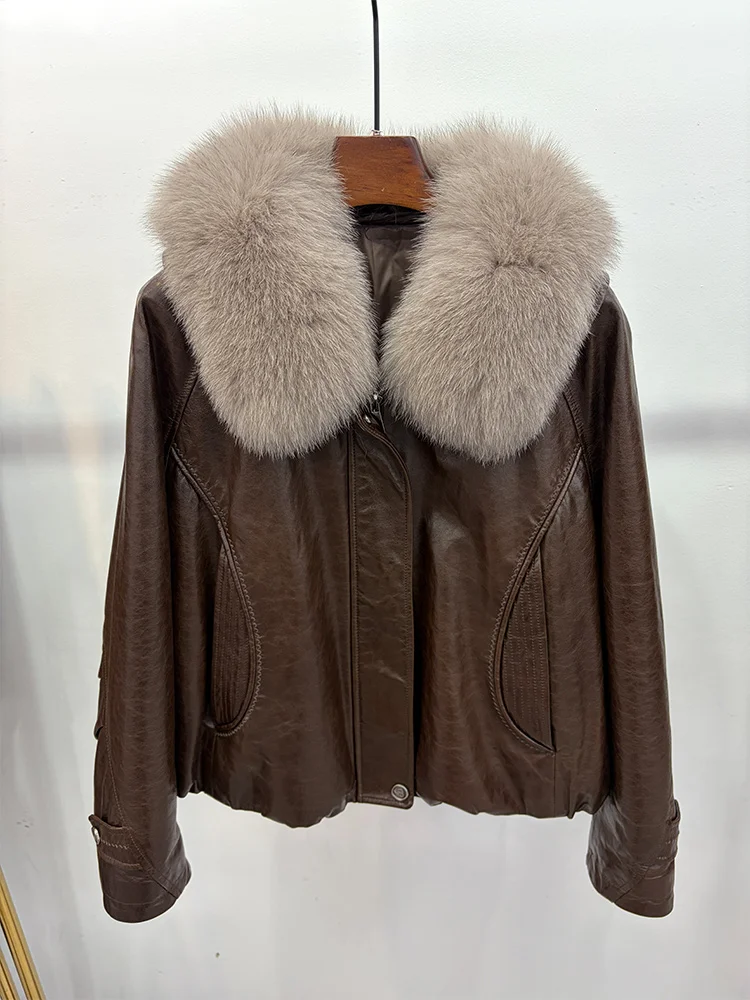 Women's Warm Real Fox Fur Collar Coat Goose Down Jacket Genuine Sheepskin Leather Jacket Luxury Puffer Jacket