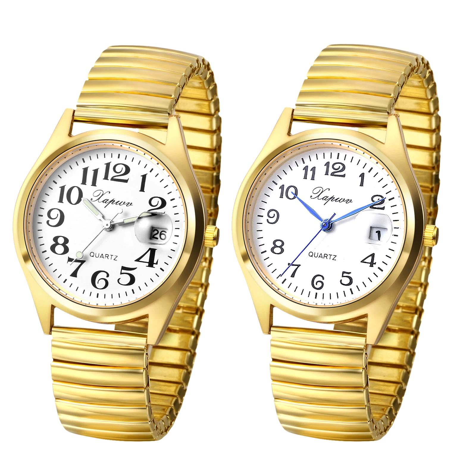 Relógio digital à prova d'água com cinta elástica, pulseira de aço dura, quartzo analógico, ponteiros luminosos, calendário dourado, dia dos namorados presentes