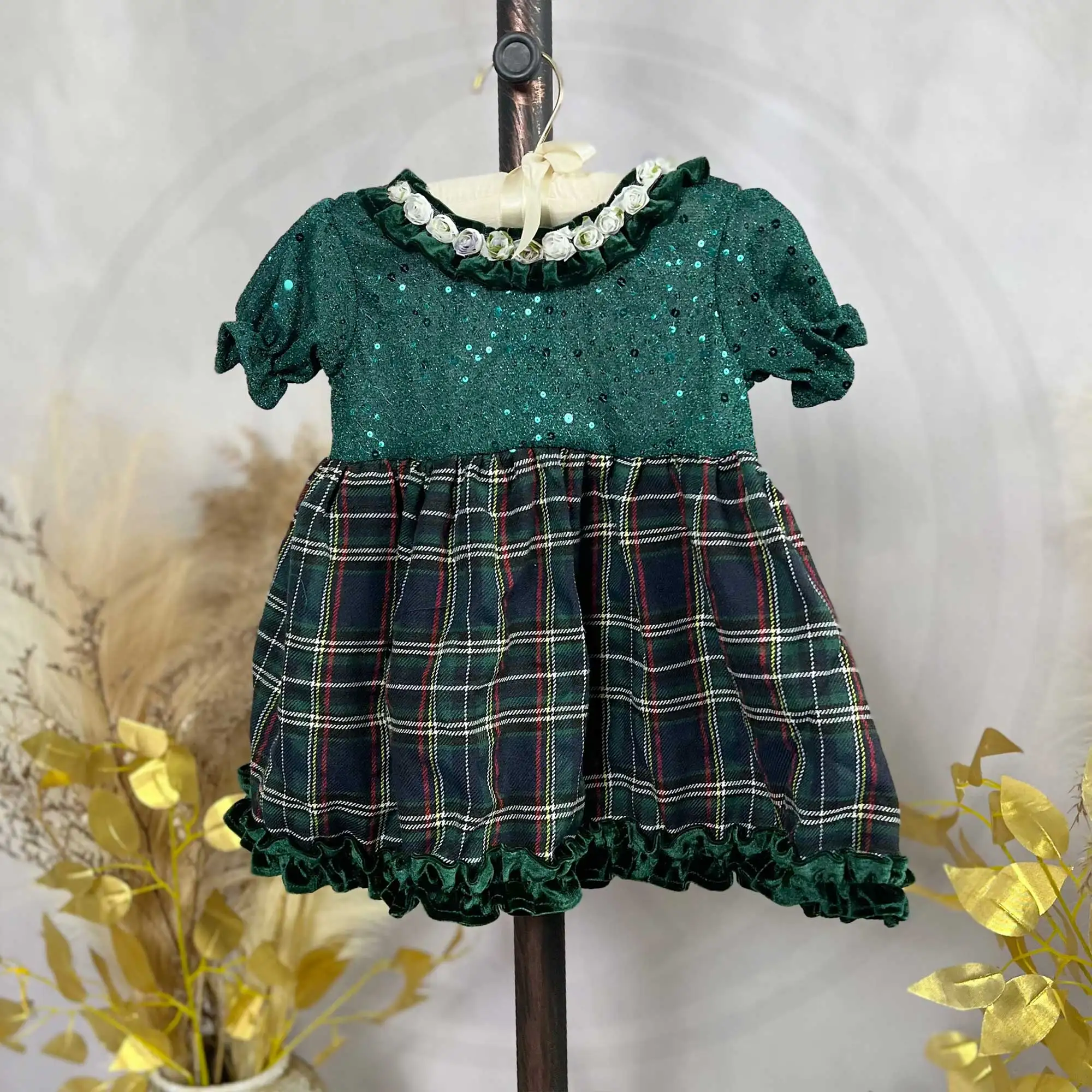 Glitter Sequined Puff Sleeves with Checkered Dress Girls Kids Party Wear Dresses Costume for Children 2024 New Christmas Clothe