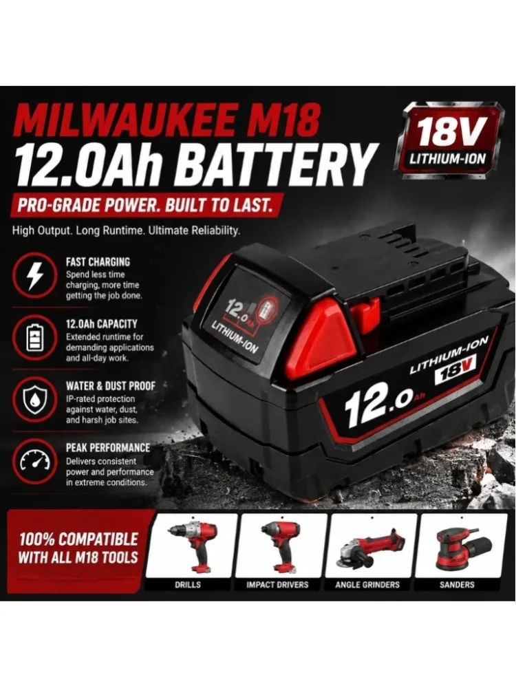 Bateria litowa 18V 12.0Ah do zamiennika dla serii Milwaukee M18, kompatybilna ze wszystkimi elektronarzędziami akumulatorowymi M18 18V, akumulator litowo-jonowy o dużej pojemności, szybkie ładowanie, — 2