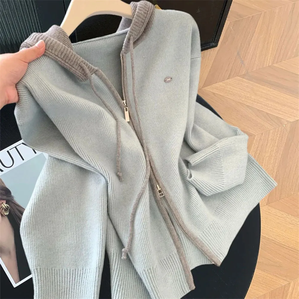 

Осень-зима, новый кашемировый свитер с контрастным капюшоном, женский шерстяной кардиган с двойной молнией, женский вязаный свитер, утолщенное женское пальто