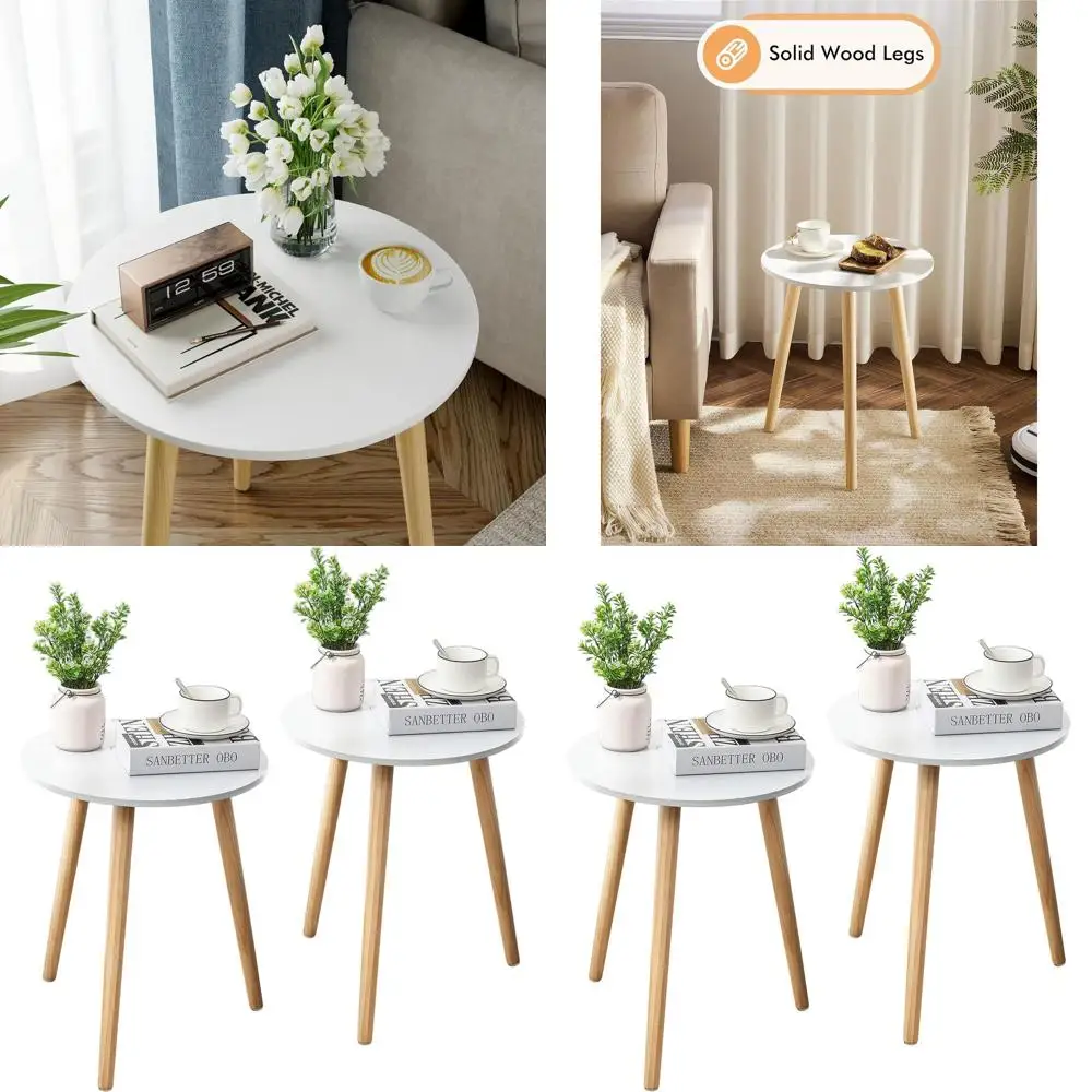 

Pair of White Modern Side Tables with Natural Wood Legs, 16.5 for Living Room, Bedroom, Small Spaces