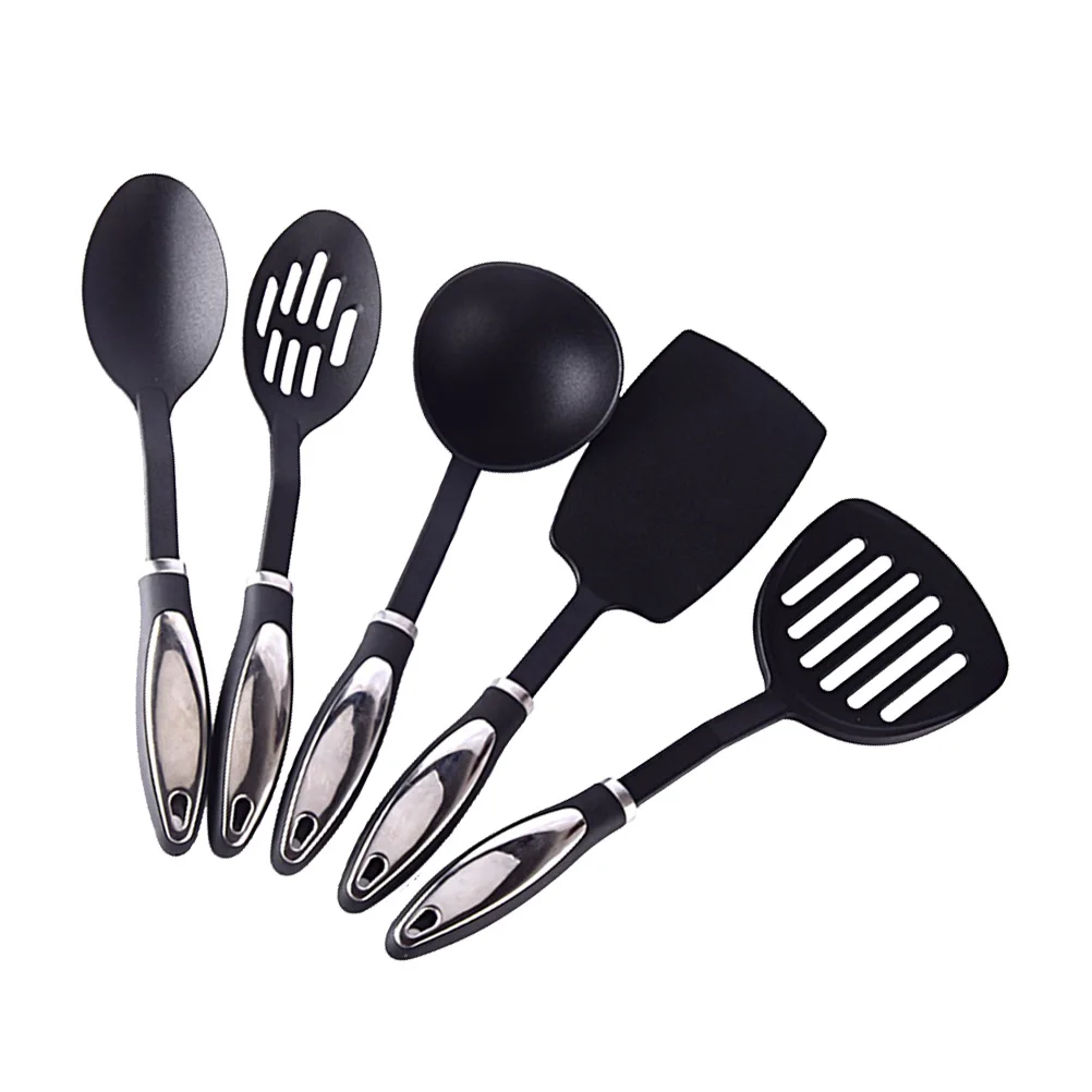 

5Pcs Nylon Cooking Utensils Set Heat Resistant Tools Non Stick Kitchen Gadgets Spoon Black Lightweight Storage Loop