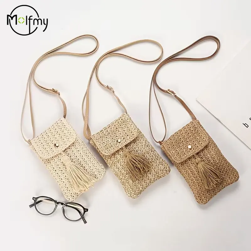 

Пляжная сумка из соломки для женщин, летняя мини-сумка через плечо с кисточками для телефона, для отдыха у моря, 2026