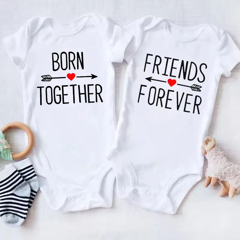 1Pc Born Together and Friends Forever Newborn Clothes Summer Short Sleeves Rompers Twins Baby Bodysuits Toddler Onesie