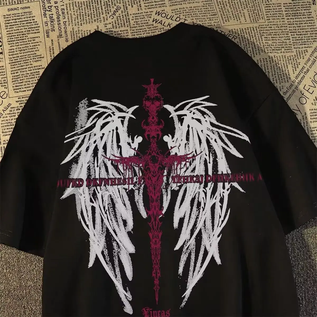 Holy Sword Wings Printed T-shirt for Men and Women American Style Retro Streewear Summer Fashion Trend Loose Comfy Couple Tee