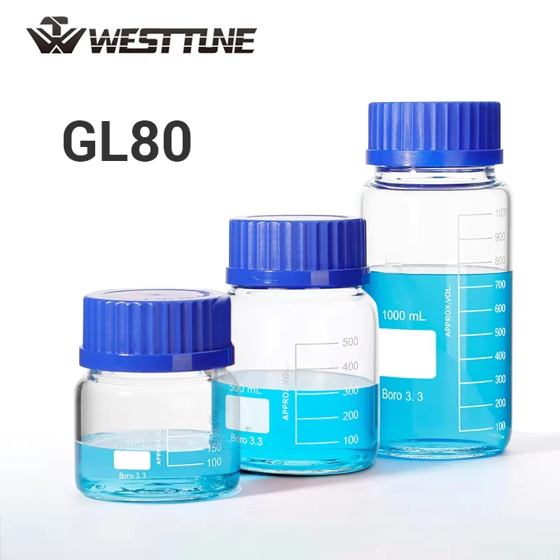 Westtune GL80 Graduated Glass Large Mouth Reagent Bottle With Blue Screw Cap Laboratory Chemistry Medical Storage（250/500/1000)