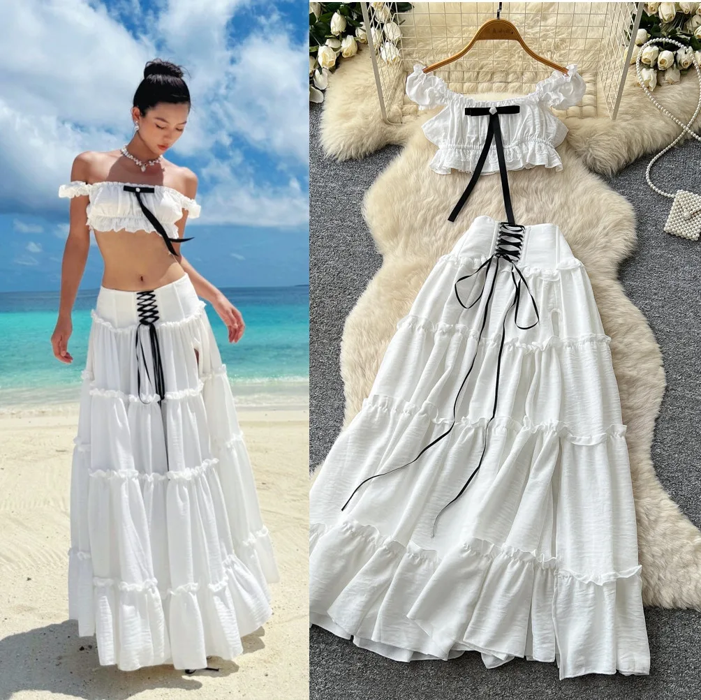 

Women Two Piece Sets Skirt Set Off Shoulder Puff Sleeve Tops Sexy Long Skirts A Line High Waist Y2k Streetwear Elegant Work