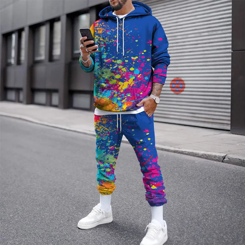 Conjunto de chándal atlético para hombre, ropa deportiva con estampado de tinta de salpicaduras en 3D, sudadera de manga larga, pantalones de