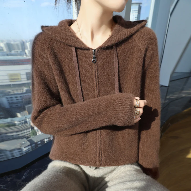 Autumn and winter new women\'s 100% merino cardigan hooded collar solid color thickened loose casual fashion cashmere pullover.