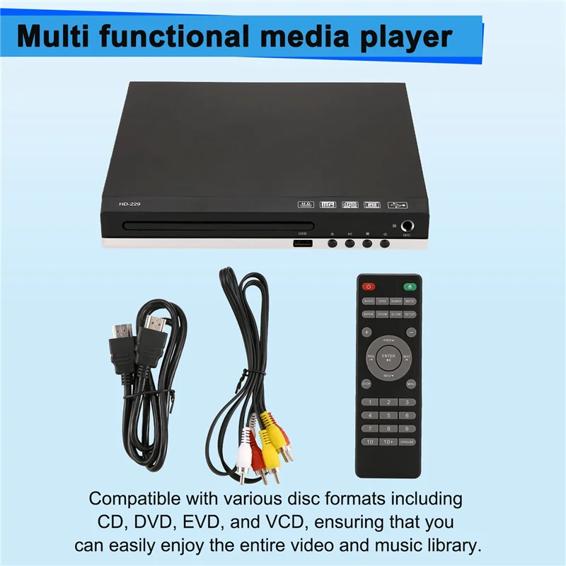 Tech HD 1080P CD/EVD/VCD DVD Player مخرجات مشغل الوسائط الرقمية المنزلي مع منافذ USB والميكروفون
