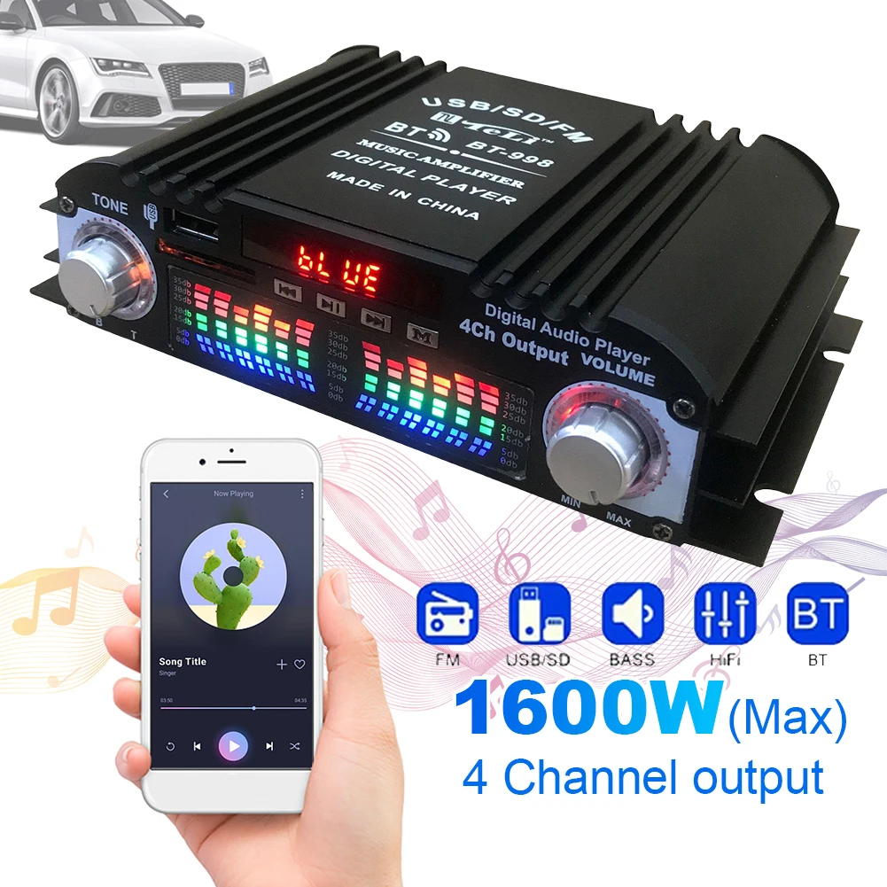 Amplificador de Sonido HiFi de 1600W de Potencia Máxima, Radio FM, USB, Compatible con Bluetooth, Amplificador de Audio Digital de 4 Canales, Reproductor de Karaoke FM USB