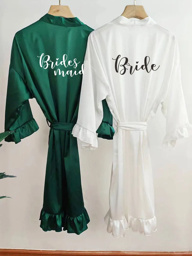 Jade Green Ruffled Bridesmaid Robes Soft Bridal Shower Short Gown Wedding Robes Ruffle Silk Kimono Mother of the Groom Bathrobes