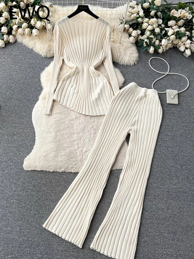 EWQ Women's Sweet Stripes Knitted Irregular Top Elastic Wide Leg Pants Knitted Two-piece Set Y2k Fashion Autumn 2024 SM11440