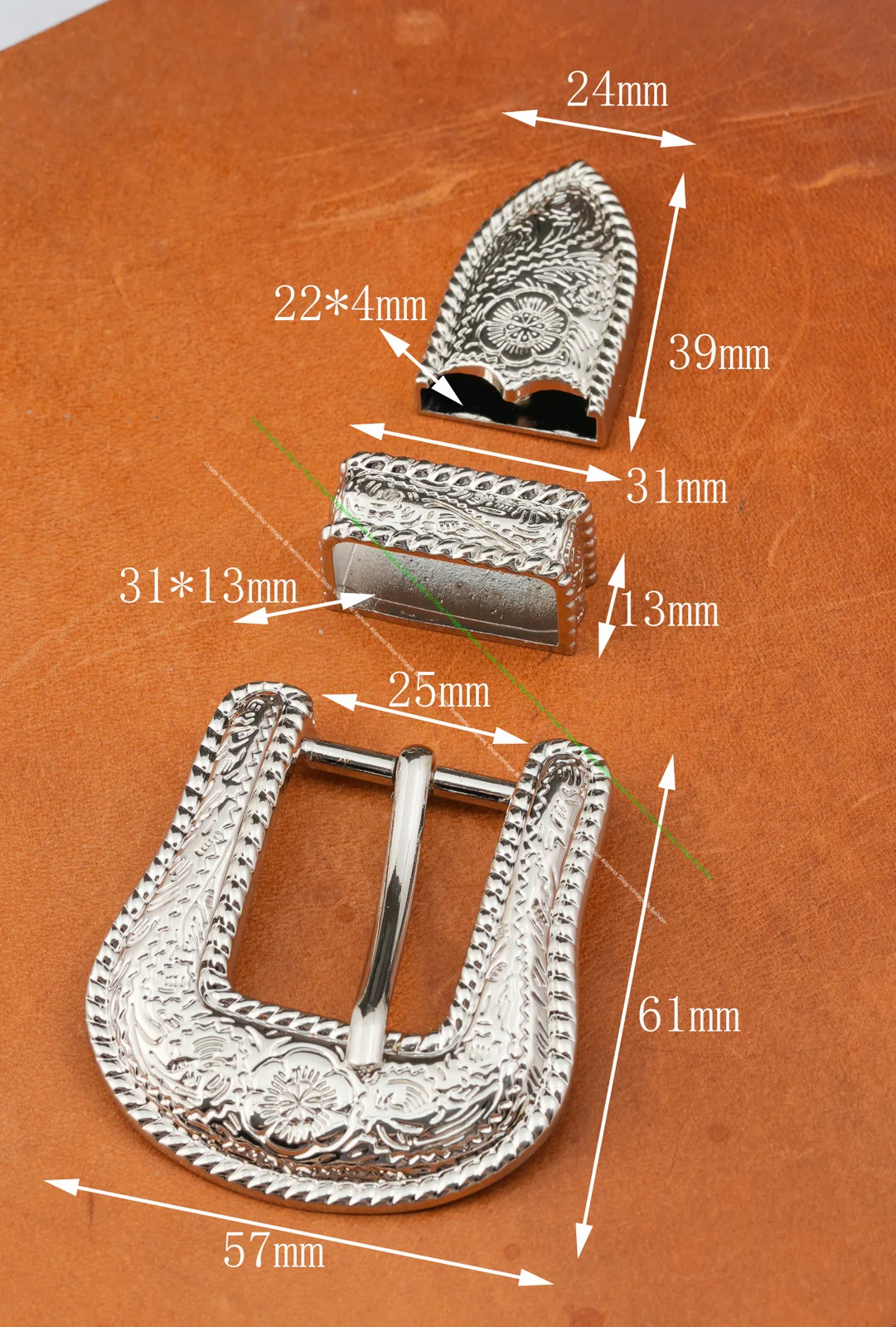 Inner 25MM Silver Western Cowboy Flower Engraved Leathercraft Belt Buckle Set 3-Piece Set for 1