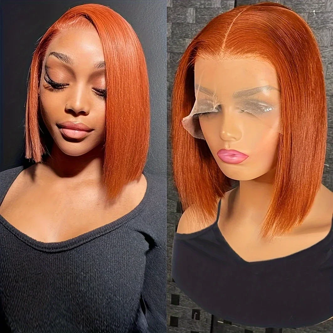 

16 Inch Straight Lace Front Short Bob Wig #350 Ginger Orange Color 13X4 Straight Lace Transparent Frontal Wigs Human Hair