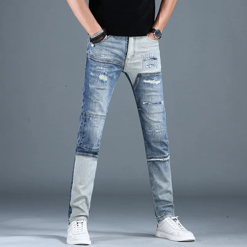 

Street retro ripped jeans men's slim fit ankle-tied trendy Korean style stitching nostalgic washed casual long pants