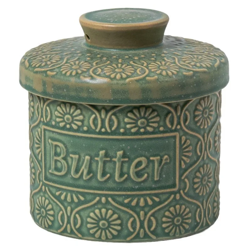 Retro kiln turned glazed butter cup with lid butter box home relief ceramic yellow oil tank cheese storage tank