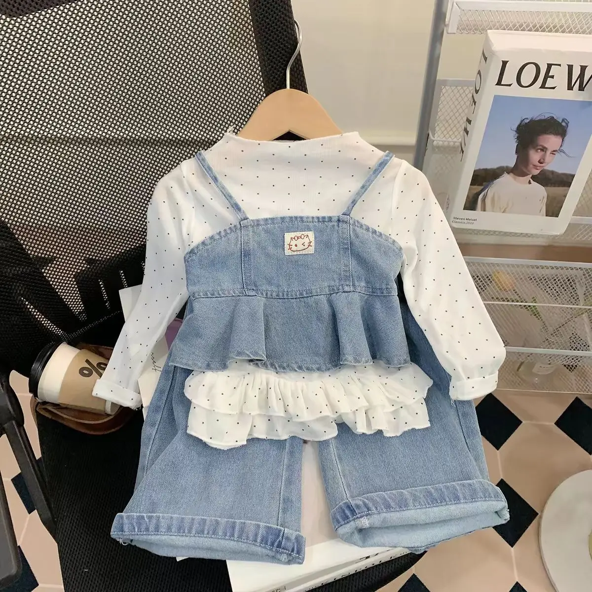 Girls 3-Piece Set – Sleeveless Top, Denim Base Layer & Wide Leg Pants, Casual Kids Outfit with Patchwork Design