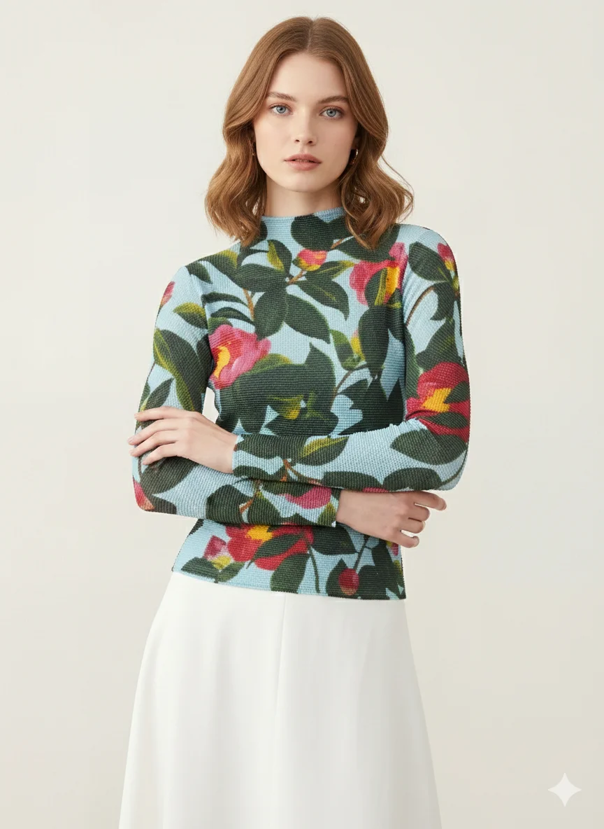 

Miyake Pleated 2026 Spring Niche Printing Pleated Long-sleeved Top Women High Elastic Tight Half-high Neck Bottoming T-shirt