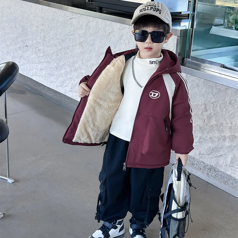 

Thiened Fce Cotton Jaet for Boys Winter Warm Coat with Hat Letter Print Long Sve Youthful Sle Stand Fit Zipper...