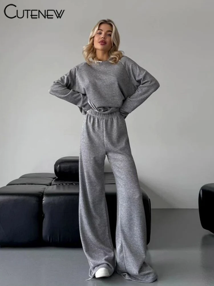 Cutenew Casual Panelled Women 2 Piece Set Concise Matching Autumn New Hooded Tops+Loose Elastic Waist Pants Track Basic Outfits