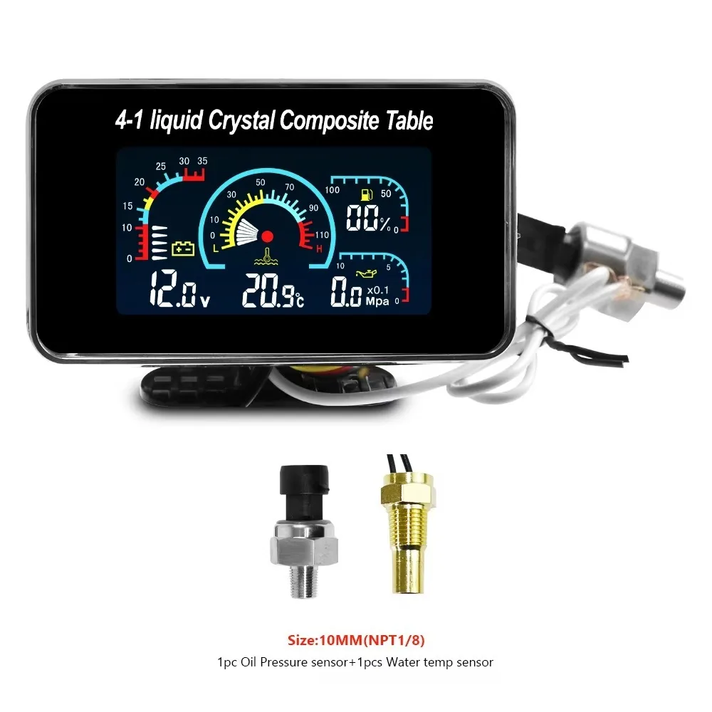 Car Gauge 4 in 1 LCD Car Digital Gauge Voltmeter Oil Pressure Fuel Level Water Temp 12-24V for Camper Universal Car Dashboard
