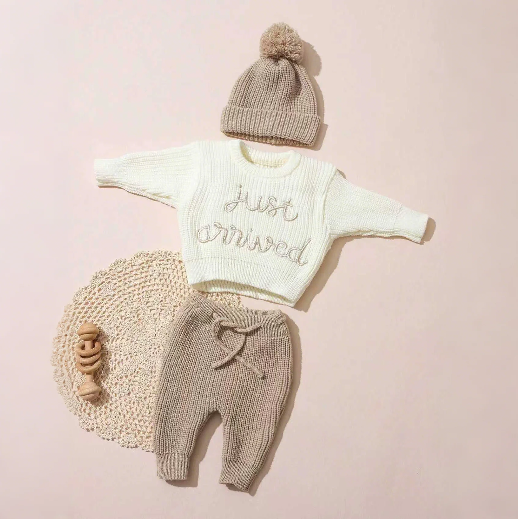Ylsteed 3 Pcs Set Knitting Newborn Boy Photography Clothes "Just Arrived" Embroidery Khaki Baby Outfits Sweater Baby Shower Gift