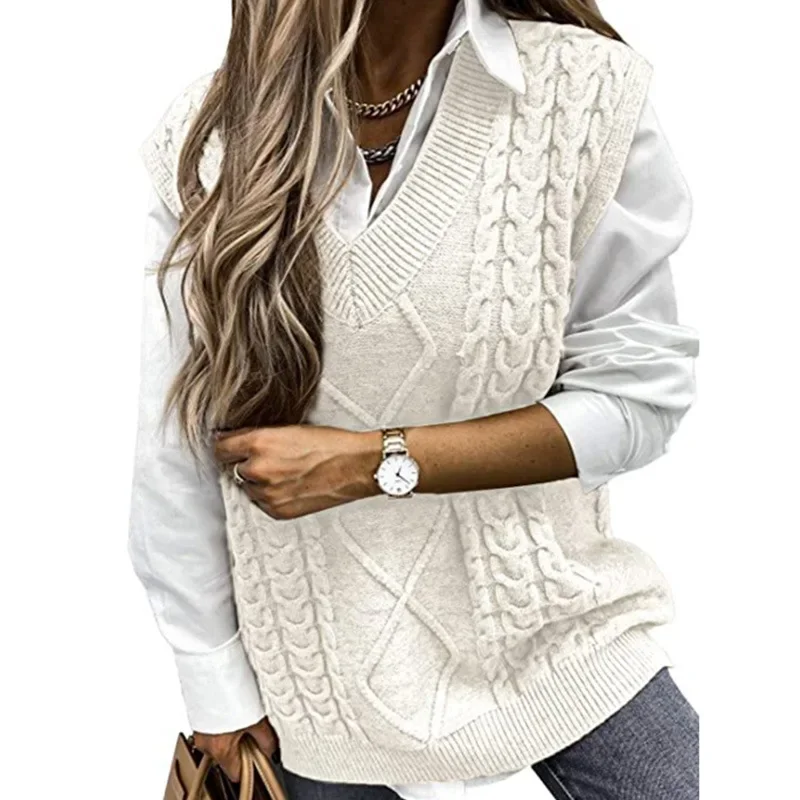 Women V Neck Sweaters Thick Sleeveless Spliced Casual Pullovers Solid Straight Jumpers Elegant Lady Knited Warm Regular