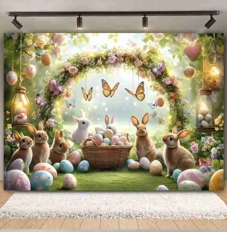 Happy Easter Photography Backdrop Arch Floral Butterfly Rabbit Egg Easter Kids Baby Birthday Background Decor Photo Studio Props
