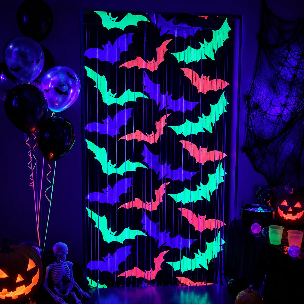 Halloween Bat PET Foil Fringe Curtain 1x2m UV Reactive Party Backdrop Doorway Tinsel Decoration