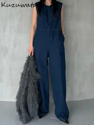 Kuzuwata New O Neck Sleeveless Patchwork Jumpsuits Loose High Waist Straight Wid Leg Pants Japan Off Shoulder Denim Fit Rompers