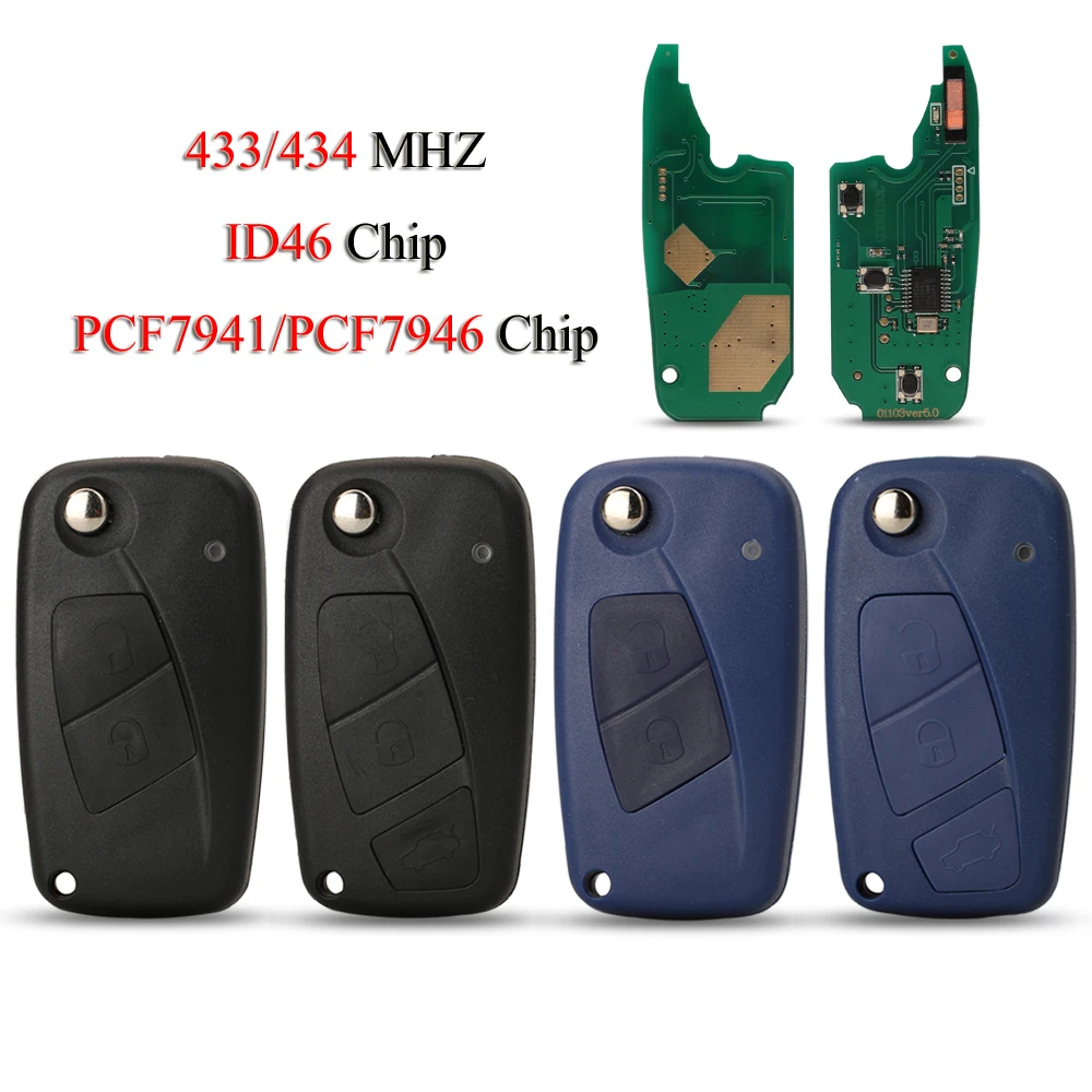 jingyuqin Folding Remote Car Key For Fiat 500 Punto Ducato Stilo Panda Bravo 433/434MHZ ID46 PCF7941/PCF7946 Chip 2/3 Buttons