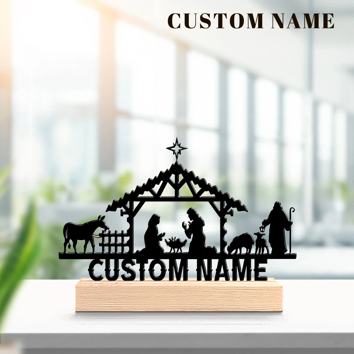 1Pc Csutom Name Jesus's Bitrth Wooden Base Metal Art Ornament,Home Office Hotel Cafe Club Decor,Ideal Gift for Family Friends