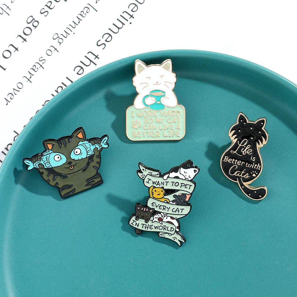 Life Is Better Cats Enamel Brooches Cartoon Cat Fish Coffee Shirt Lapel Pin Bag Cute Kids Animal Badge Jewelry Gift for Friends