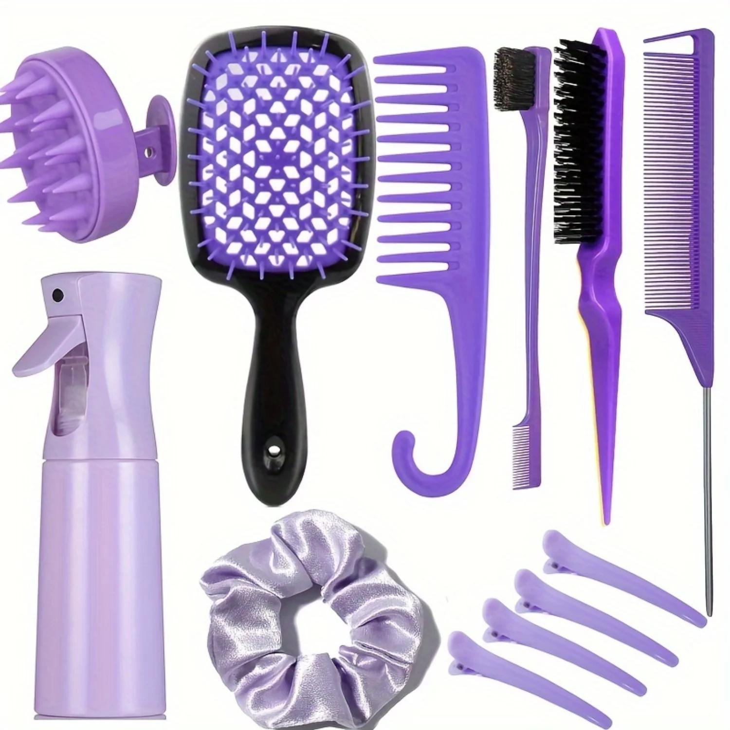 Combs Set for Normal Hair - Fine-Tooth Plastic Bristles, ABS Handle, Includes Teasing Brush, Edge Brush, Rat Tail Comb