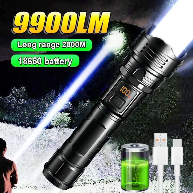 9900LM Powerful LED Flashlight USB Rechargeable Tactical Torch Telescopic Zoom Flashlight Outdoor Camping Fishing Lantern