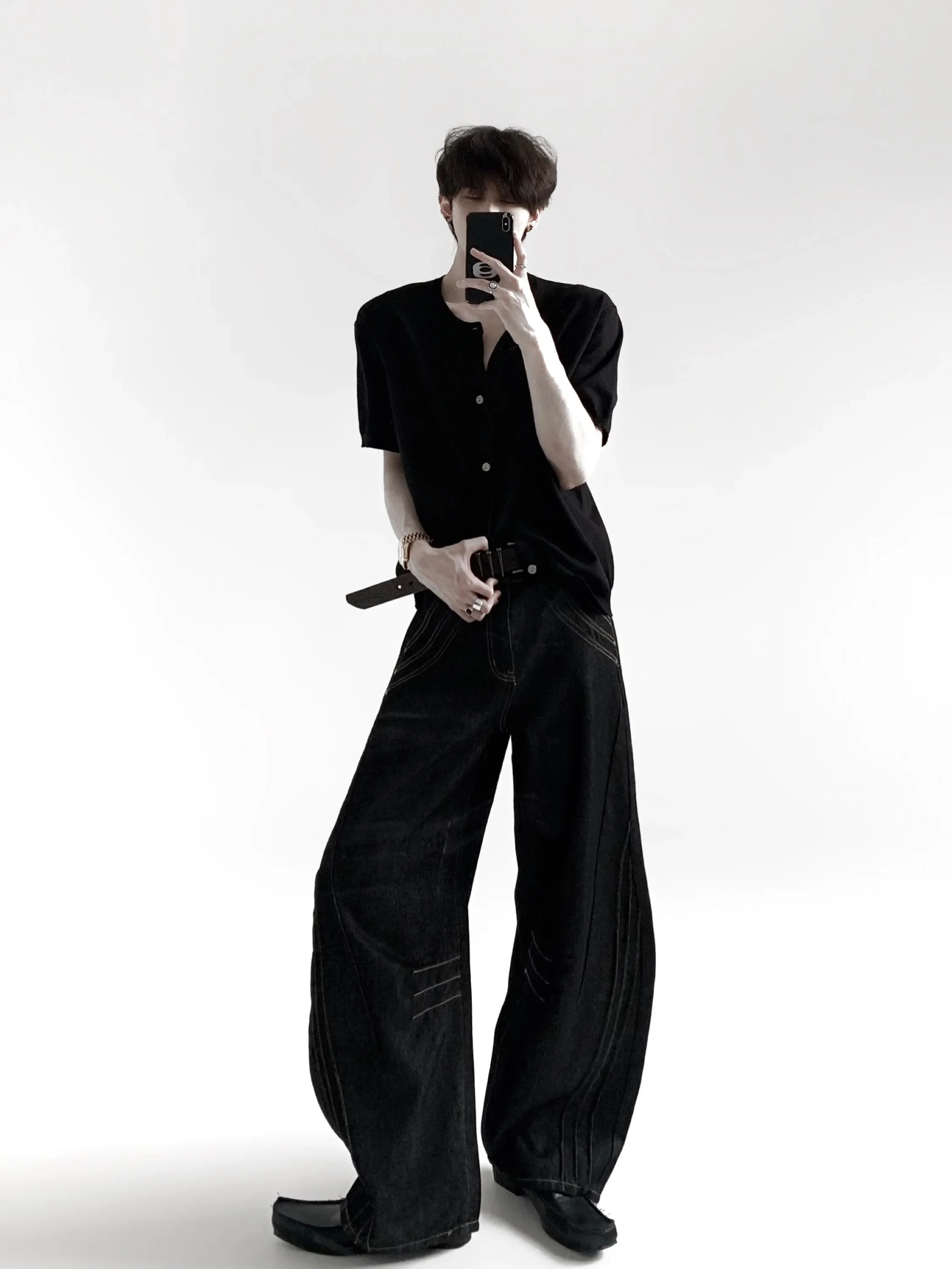 Black Original Jeans Men's Wide Leg Micro Flared Jeans High Waist Slim Fit Comfortable Breathable Wear Resistant Autumn Mount...