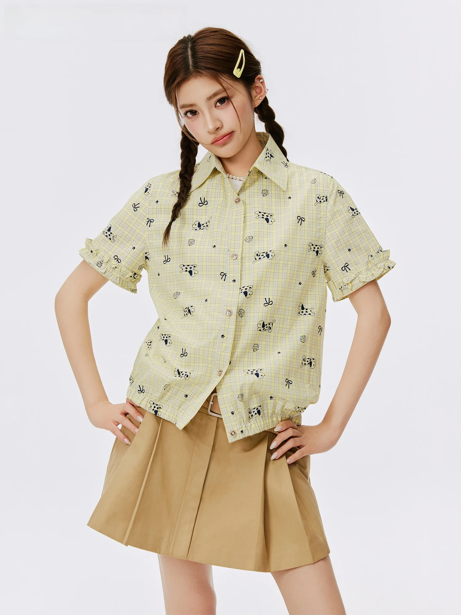 

Burgenland Casual Plaid Shirt Women's Loose Fit Short Sleeve Yellow Summer Shirt Korean Style Cotton Polyester Blend
