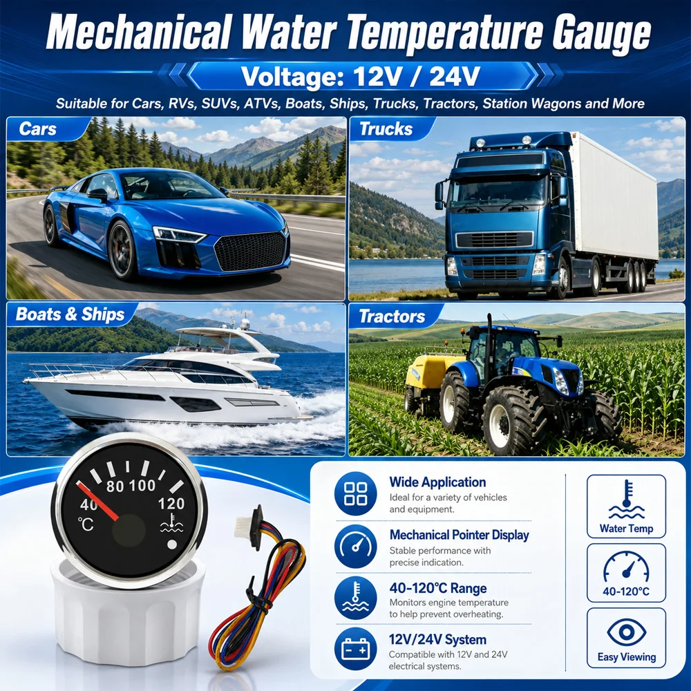12V 24V 52mm 40-120℃ Car Digital  Water Temperature Gauge with Red Backlights  Water Temp Meter For SUV Motorcycle RV Boat