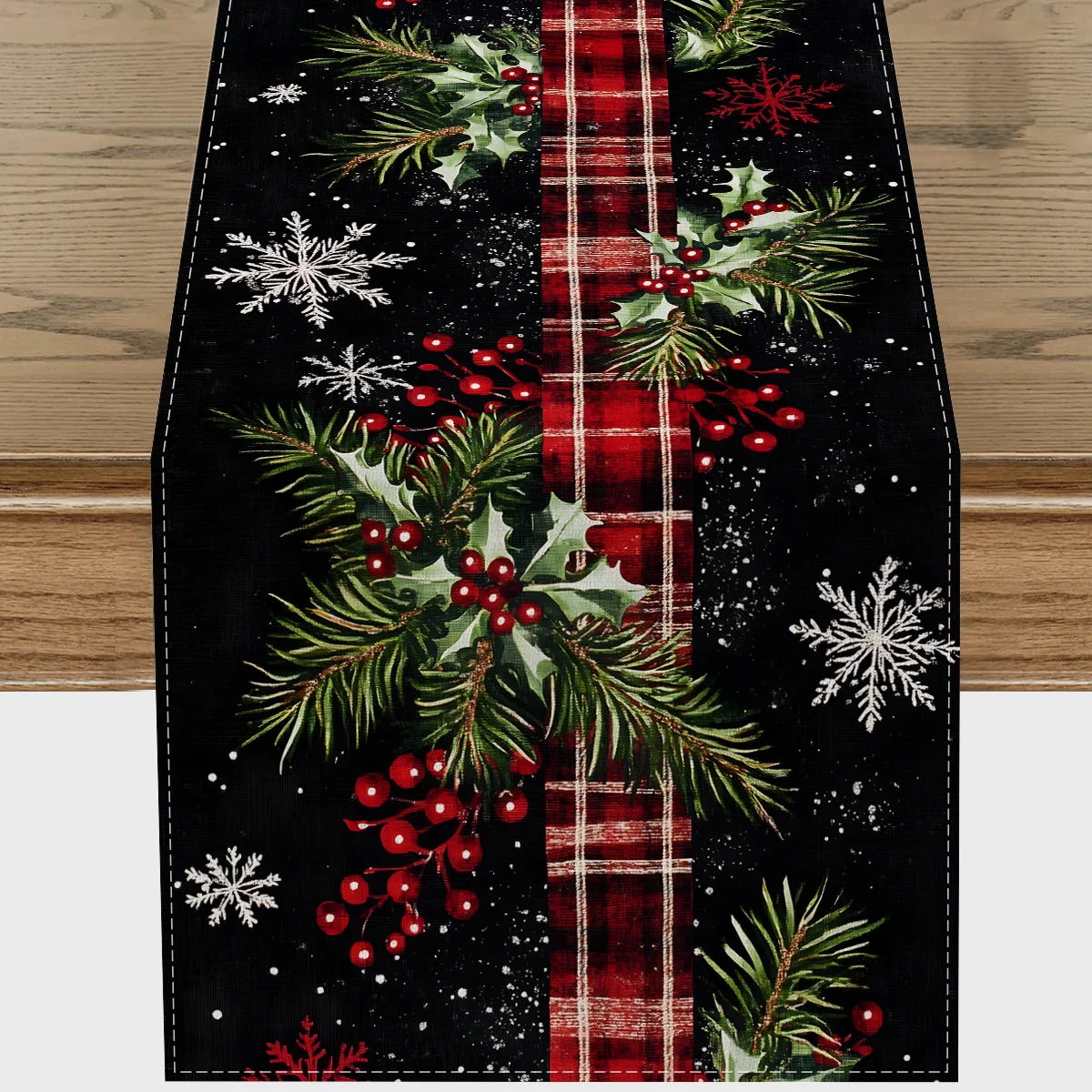1pc Red Elegant Christmas Table Runner, Snowflake And Holly Berry Plaid Design, Black And White Winter Holiday Dining Decor, Sui