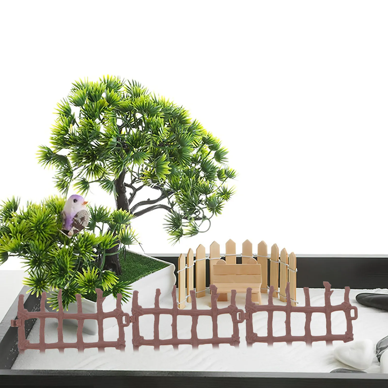 

50Pcs Mini Scenery Fence Natural Wood Finish Plastic Fence for Craft Projects Garden Edging Decorative Landscape Farm Playset