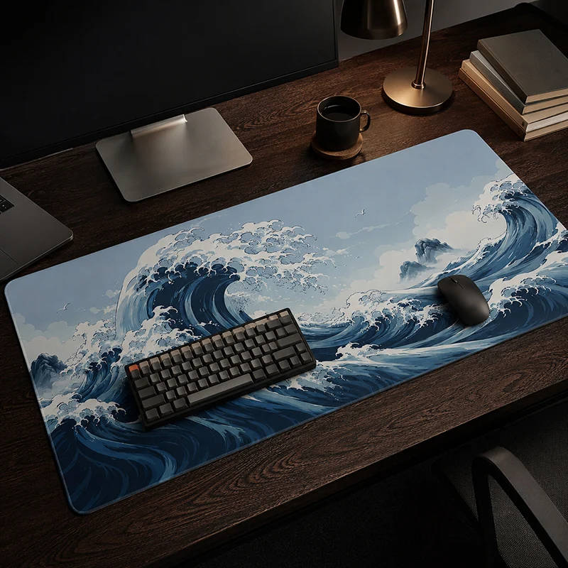Mouse Pad Japanese Blue White Ocean Waves Gaming printon demand Mousepad XXL Playmat Non-Slip Natural Rubber Carpet Mouse Mats