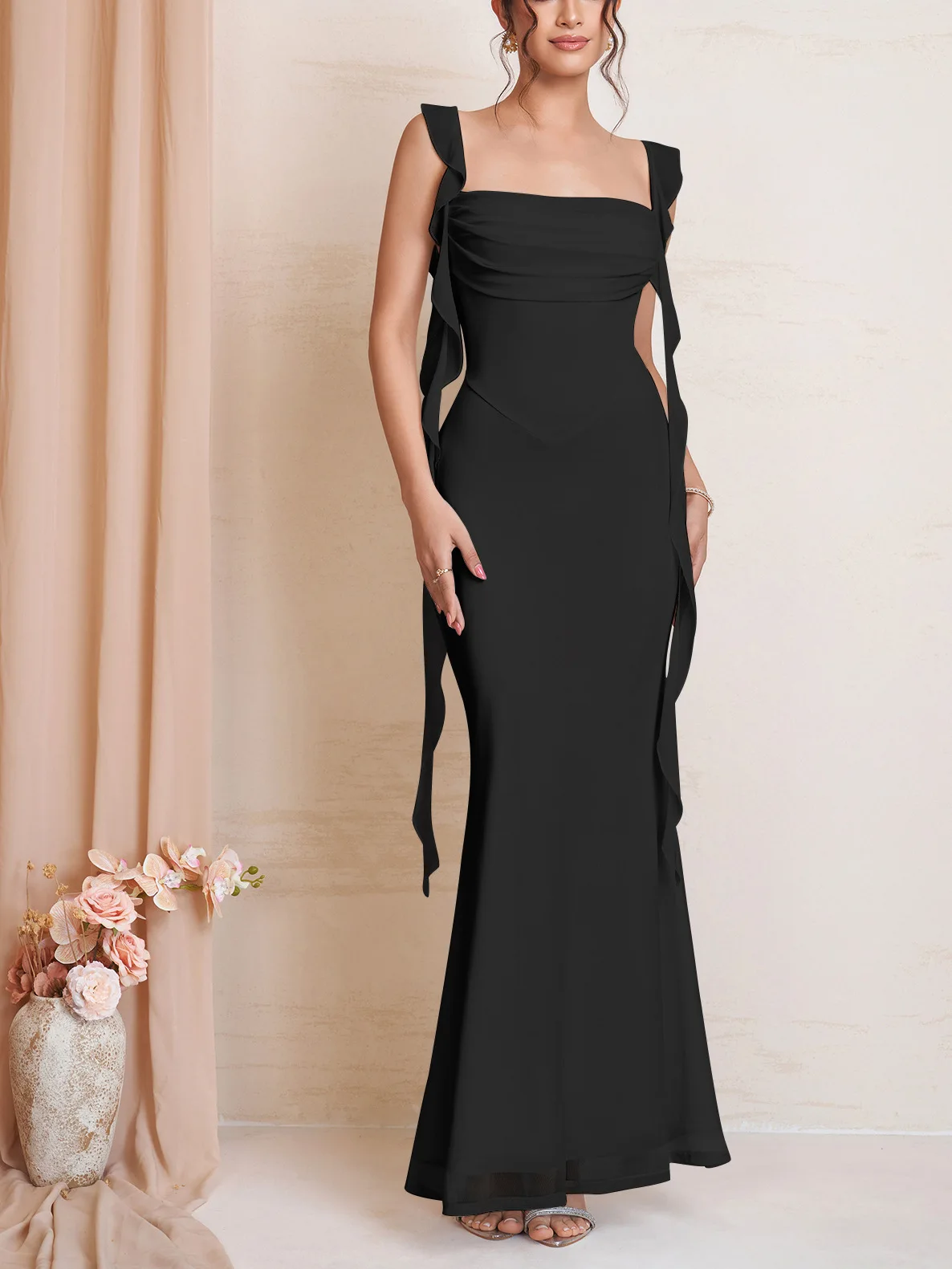 EINY Women's Mesh Ruffle Strap Mermaid Dress Elegant Mesh Backless Square Neck Formal Maxi Gowns for Wedding Evening Party y2k
